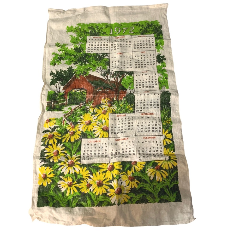 Vintage 1972 Calendar Tea Towel OS Covered Bridge Floral Daisy Linen Retro
